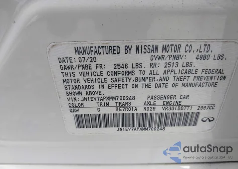 2021 Infiniti Q50 Pure z USA, uszkodzony, nr VIN JN1EV7APXMM700248